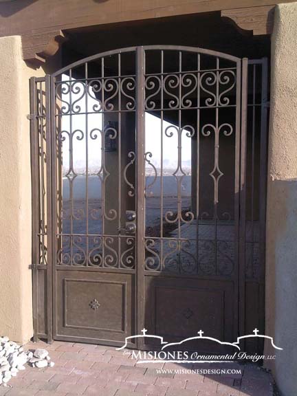 brown scrolls steel metal courtyard gate