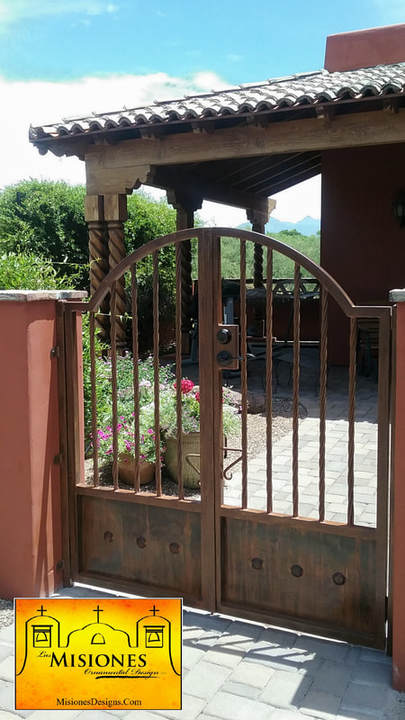 rust colored small double door kickplate-style, steel metal courtyard gate