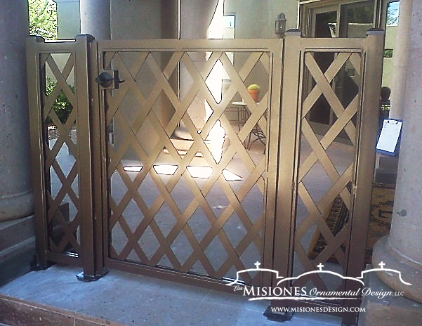 black diamond pattern, woven criss cross, steel metal courtyard gate