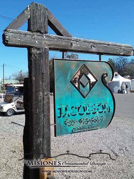 custom all weather steel sign with cut out letters, turquoise patina