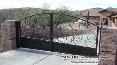 black, solid bottom, open scrolls work, arched, double driveway gate