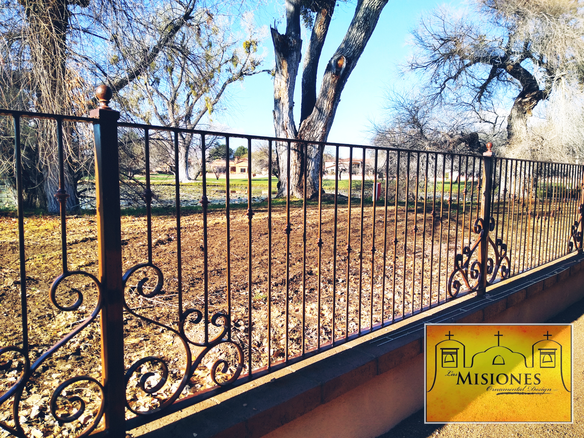 elegant fencing with symmetrical scrolls in the corners of the panels and vertical bars with knuckles to fill the remaining space