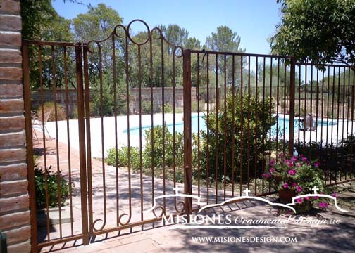 pool fencing with gate, decorative vertical paneling