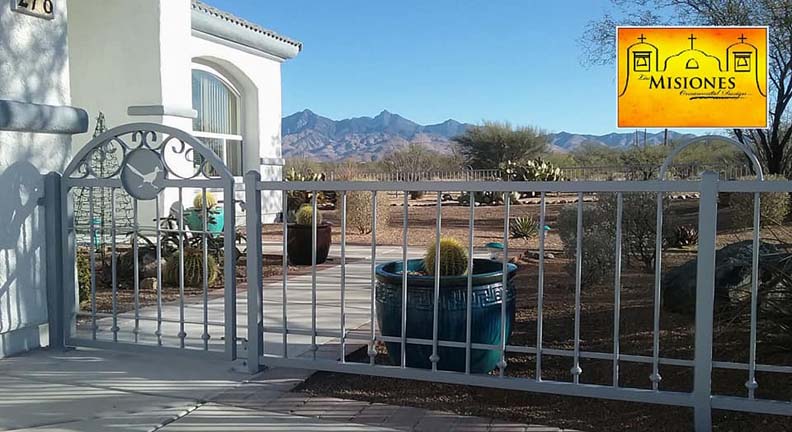 property fencing with gate, light blue, simple panels