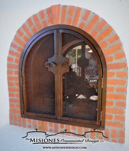 rustic fireplace screen with doors, double fireplace in brick