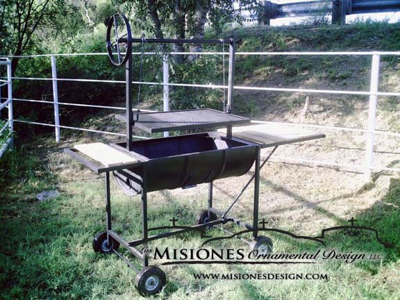 half barrel grill for carne asada, two side stations, portable with pulley