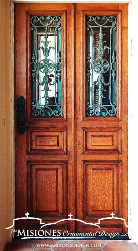 patina finish, two rectangle inserts in an old wooden door