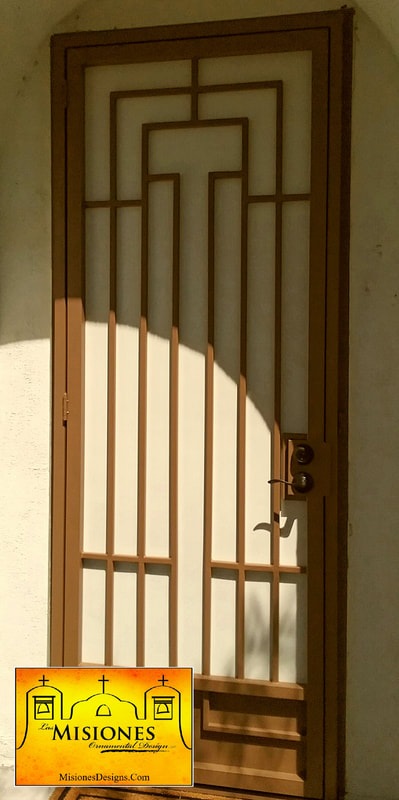 security screen door in a modern deco style, straight lines and simple kickplate, in a rust finish